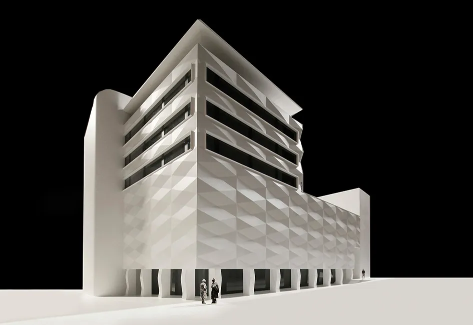 Une maquette d'architecture moderne présentée lors d'une exposition de design urbain