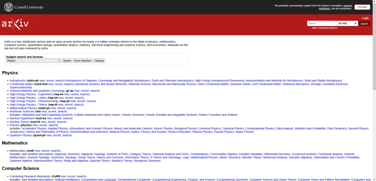 Le site web d'arXiv, la plateforme internationale de référence pour les prépublications scientifiques